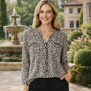 INC Blouse Black White Pebble Dot Zippers, Petite Large